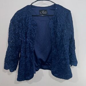 ALEX EVENINGS Navy Blue Lace Overlay Open Front Bolero Jacket Size 12 - NEW